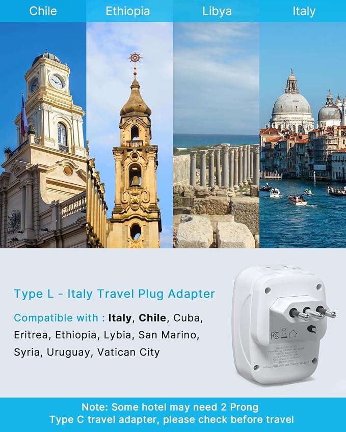 2 Pack Italy Travel Plug Adapter, VINTAR Foldable Italy Power Adapter with 2 AC Outlets 1 USB and 2 USB C Ports, 3 Prong Grounded Type L Plug Adapter for US to Italy Rome Uruguay Chile