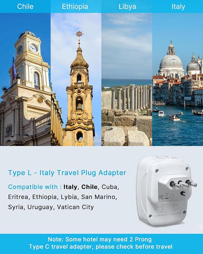 2 Pack Italy Travel Plug Adapter, VINTAR Foldable Italy Power Adapter with 2 AC Outlets 1 USB and 2 USB C Ports, 3 Prong Grounded Type L Plug Adapter for US to Italy Rome Uruguay Chile