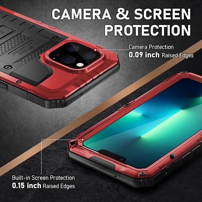 Beasyjoy Waterproof Case for iPhone 13 Pro, Metal Defender Case with Built-in Screen Protector, Military Grade Full Body Rugged Protective Heavy Duty Underwater Phone Case 6.1 Inch, Red