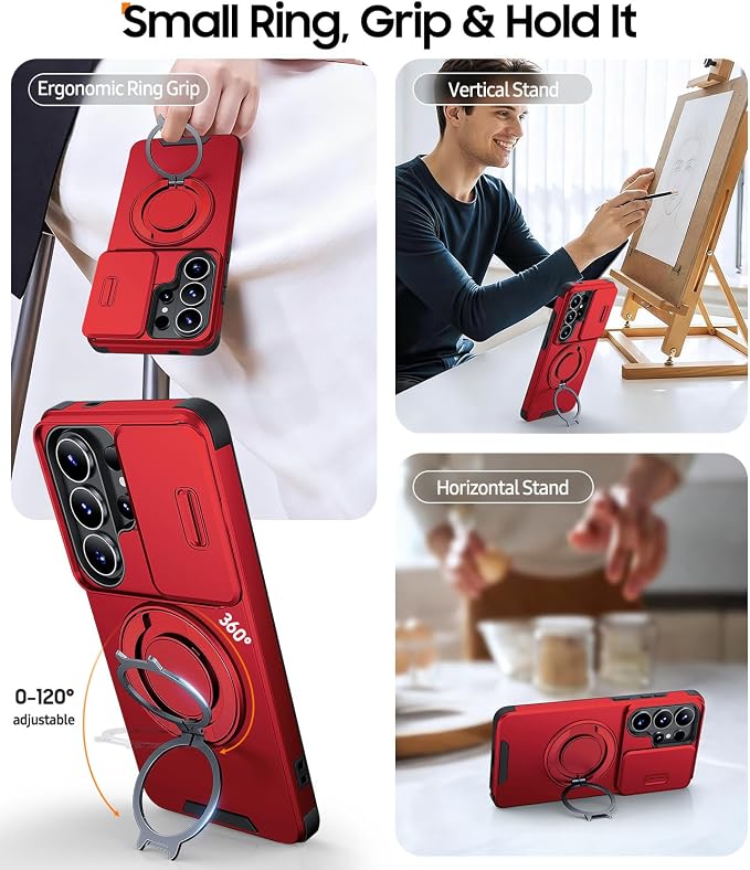 JAME for Samsung Galaxy S26 Ultra Case, Ring Holder Stand Kickstand, Slide Camera Cover with Screen Protector, Dual-Layer Shockproof Protective Magnetic Accessory Friendly S26 Ultra Phone Case, Red