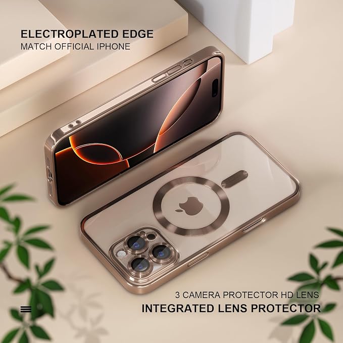 Misea Magnetic for iPhone 16 Pro Max Case Compatible with MagSafe [Never Yellowing] [Military Grade Drop Protection] Full Camera Lens Protector Plating Soft Clear Phone Case for Women 6.9", Desert