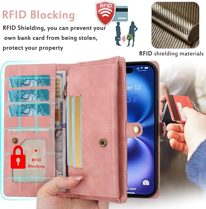 for Wallet Case Compatible with iPhone 16,Multi-Function Detachable 2 in 1 Magnetic iPhone 16 Case Wallet,Flip Strap Zipper Card Holder Phone Case with Shoulder Straps (Pink)