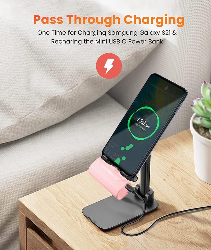 Mini Pink USB C Portable Battery Charger for iPhone 15 Pro Max, 4800mAh Little Charger Battery Pack Compact Power Bank Back Phone Charger for iPhone 15/16/Samsung Galaxy S22/Note 20/Google/Pixel
