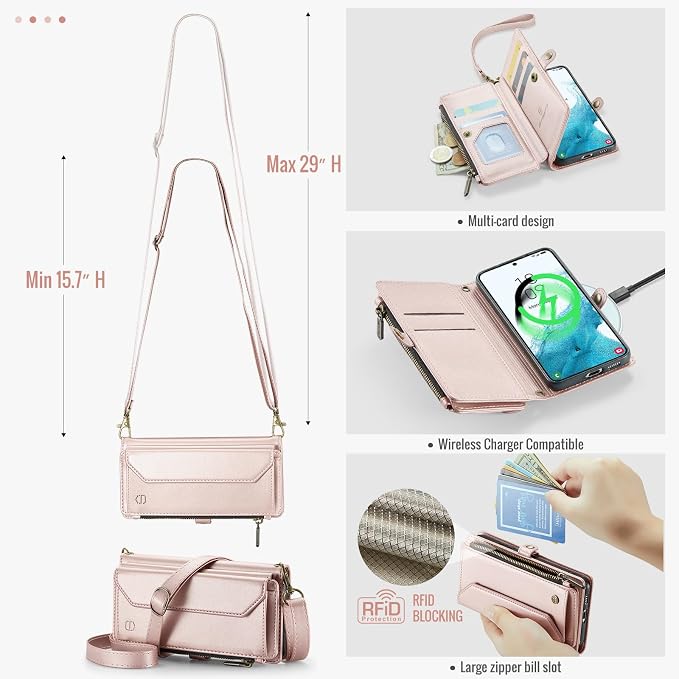 Strapurs Crossbody Wallet Case Compatible with Samsung Galaxy S22 5G RFID Blocking Card Holder Soft PU Leather Magnetic Snap Shoulder Strap Zipper Pocket Phone Case Fit for Galaxy S22 6.1" - Rose Gold