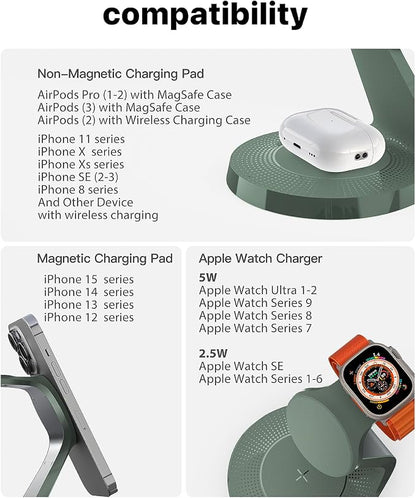 3 in 1 Charging Station for Apple Devices, Mag-Safe Charger Stand Fast Charging, Wireless Charger for iPhone 16/15/14/13/12 Series, & AirPods, & iWatch (USB-C Charger Included)