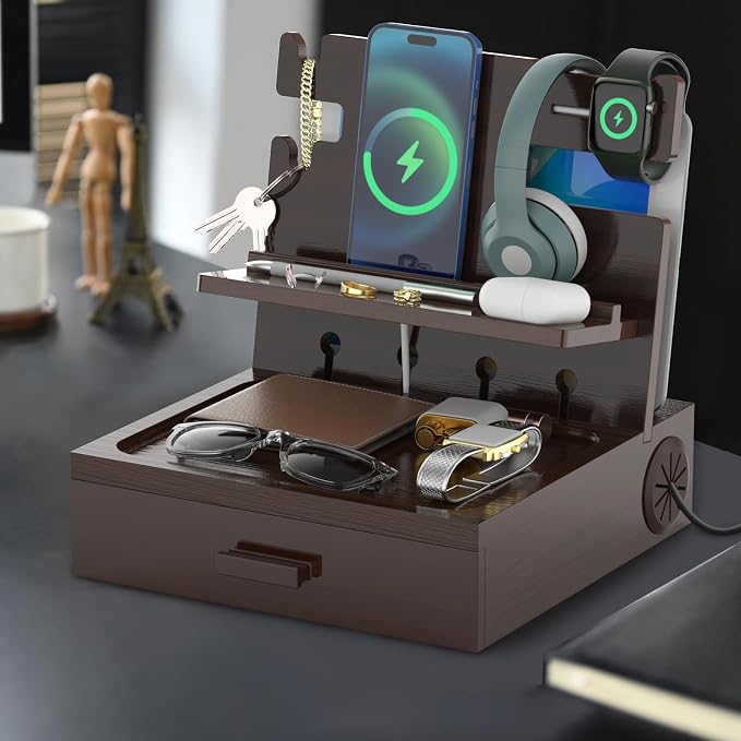 Nightstand Organizer for Men with Drawer Wood Docking Station with USB Ports and AC Outlets, Gifts for Men, Holds Phone, Tablet, Keys, Glasses, Earphones Etc（Brown）
