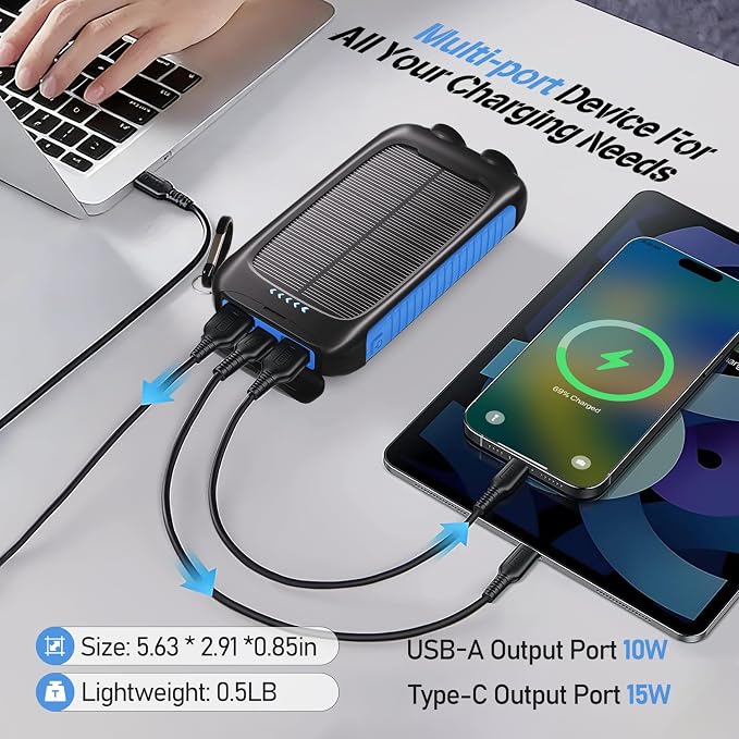 Solar Power Bank 20000mAh, Blue Portable Charger with USB-C&USB-A Outputs, Emergency Backup Battery Pack, LED Flashlight, for iPhone Samsung Android – Solar for Emergency Only, Perfect for Camping