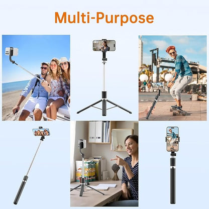 67" Selfie Stick Tripod, Portable Cell Phone Tripod with Wireless Remote Control, 360° Rotating Extendable All-in-1 Travel Stand for Selfies Video Recording, Compatible with iOS/Android, Silver Black