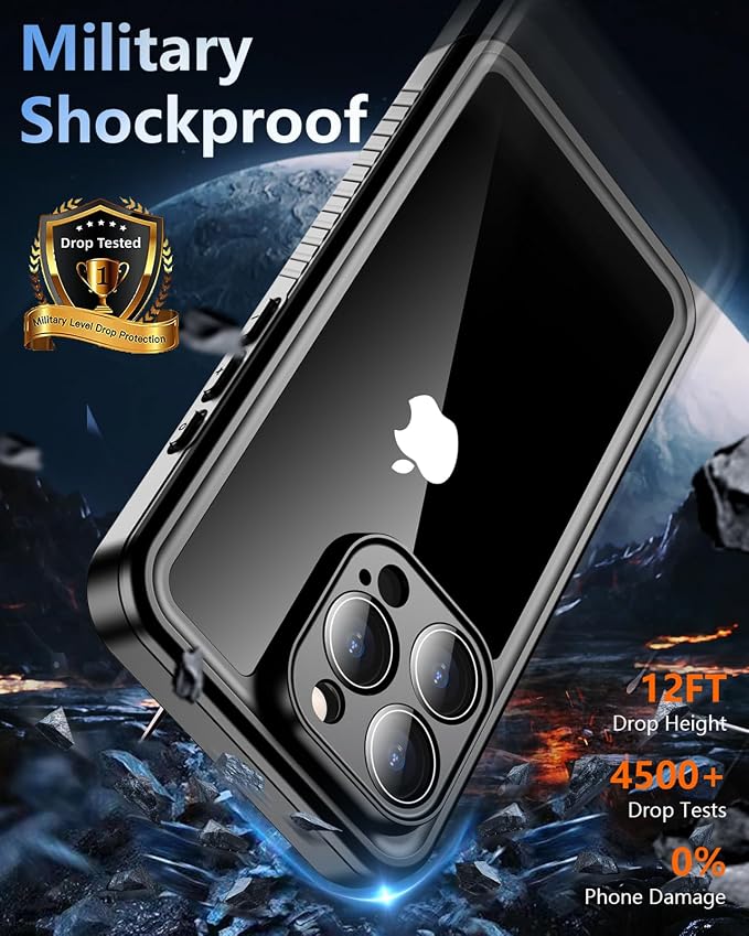 Oterkin Waterproof Case for iPhone 16 Pro Case, 360° Full Body Rugged 16 Pro Phone Cover with Built-in HD Screen & Camera Protector [12FT Military Grade Protection] Shockproof (Black)