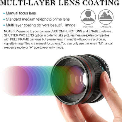 85mm f1.8 Portrait Lens EF/EF-S Mount Camera Lenses for Canon EOS Rebel T8i/T7i/T7/T6i/T5/T3i/T3/T2i/XSi/XS/SL3/SL2/T100/5D Mark IV/6D II/7D 90D 80D 70D 60D 50D 650D 600D 750D 700D 550D 7D II