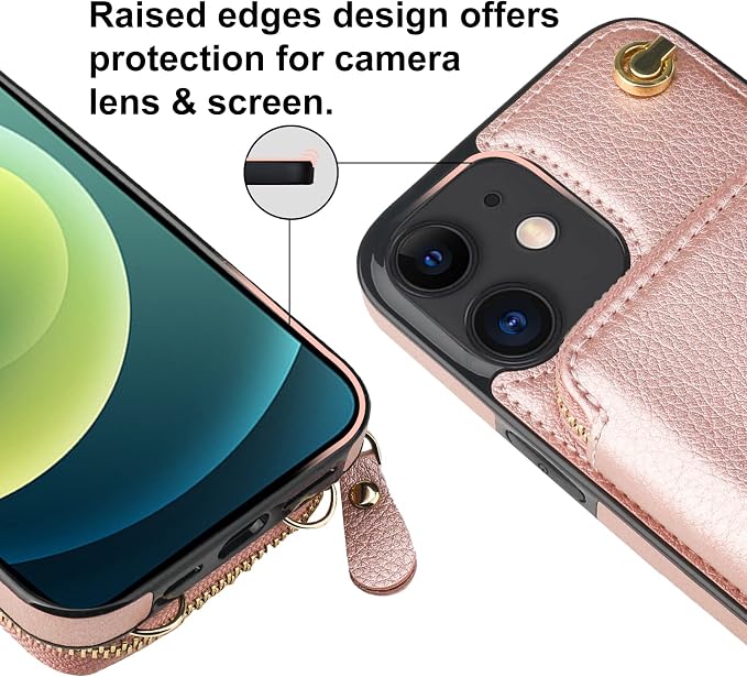 Bocasal Crossbody Wallet Case for iPhone 12/12 Pro, RFID Blocking Leather Purse Case with Card Holder, Protective Handbag Flip Cover with Zipper Wrist Strap Lanyard for Women 5G 6.1 Inch (Rose Gold)