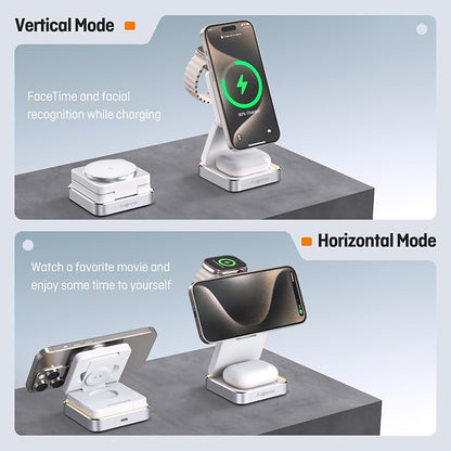 【2026 Upgraded】Wireless Charger 3 in 1, Foldable Wireless Charging Station with Light for Apple MagSafe Charger, Travel Magnetic Charger for iPhone 17/16/15/14/13/12 Apple Watch AirPods (20W Adapter)