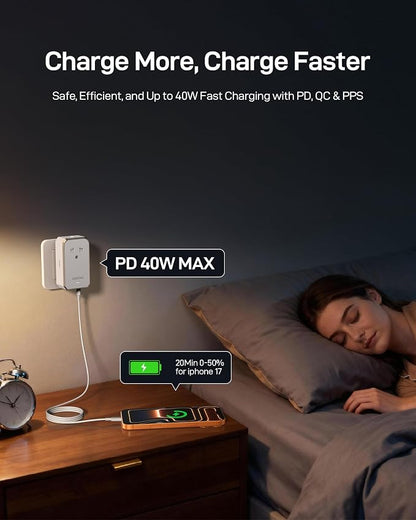 EPICKA Air 40W Universal Travel Adapter, PD Fast Charging International Power Adapter with 1 AC & 4 USB Ports, Worldwide Compact Travel Essentials for US/EU(White, 1-Pack, Not a Voltage Converter)