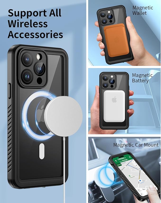 Lanhiem Magnetic for iPhone 14 Pro Max Case, Waterproof Dustproof Case with Built-in Screen Protector Compatible with Magsafe, Full Body Protective Cover for iPhone 14 Pro Max 6.7 inch -Black
