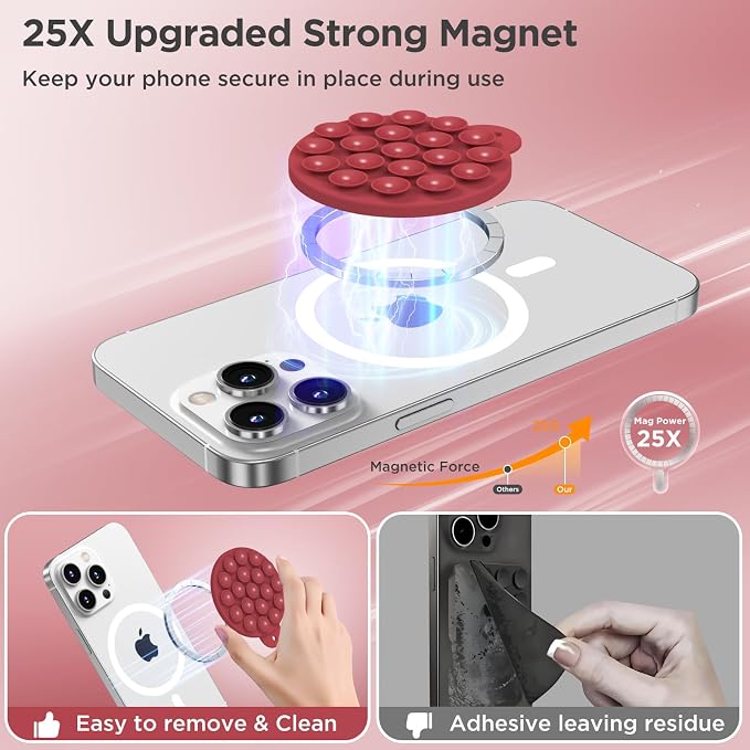 Magnetic Suction Cup Phone Mount with MagSafe, Silicone Hands-Free Grip Holder for iPhone Case and Android, Mirror Shower Phone Stand for Makeup FaceTime Gym Kitchen Bathroom, Deep Red