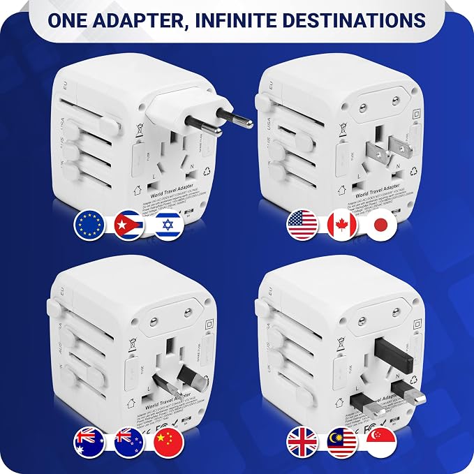 Universal International Travel Power Adapter W/High Speed 2.4A USB, 3.0A Type-C Wall Charger, European Adapter, Worldwide AC Outlet Plugs Adapters for Europe, UK, US, AU, Asia (White)