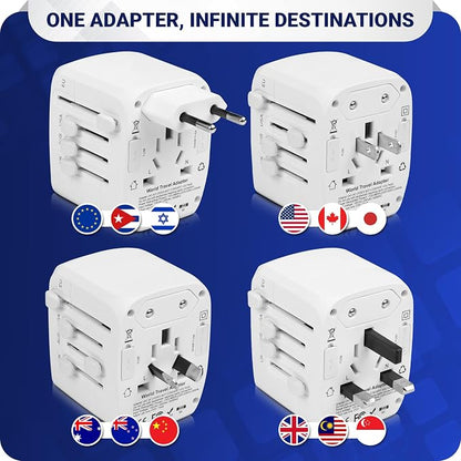 Universal International Travel Power Adapter W/High Speed 2.4A USB, 3.0A Type-C Wall Charger, European Adapter, Worldwide AC Outlet Plugs Adapters for Europe, UK, US, AU, Asia (White)