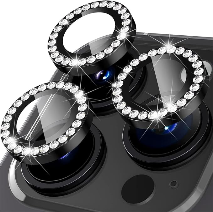 Suoman for iPhone 14 Pro Max / 14 Pro Camera Lens Protector, [Diamonds Bling] 9H Tempered Glass, Full Coverage Metal Protective Cover - Diamond Black