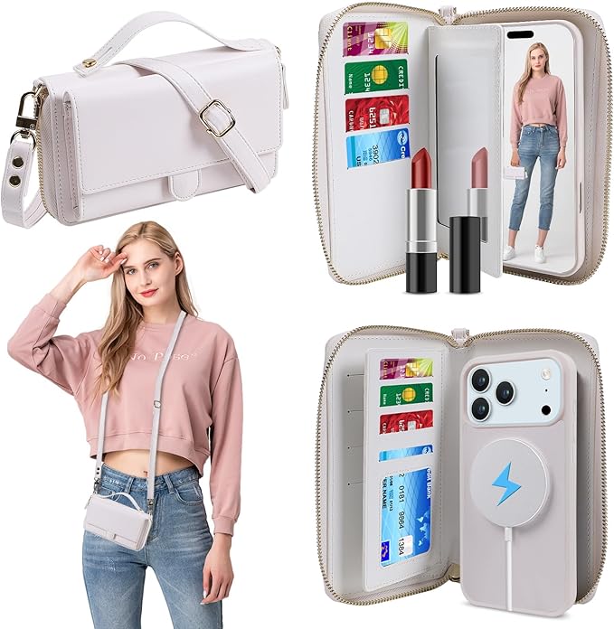 Lacass for iPhone 17 Pro Detachable Crossbody Wallet Case, Compatible with MagSafe Magnetic 2 in 1 RFID Blocking PU Leather Wallet Cover Card Holder Zipper Make Up Mirror (White)