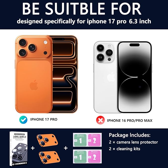 2 Pack Camera Lens Protector for iPhone 17 Pro,Metal AR Tempered Glass Rear Camera Screen Cover,Anti-Scratch,Strong Adsorption,Case Friendly, Easy to Install-Orange