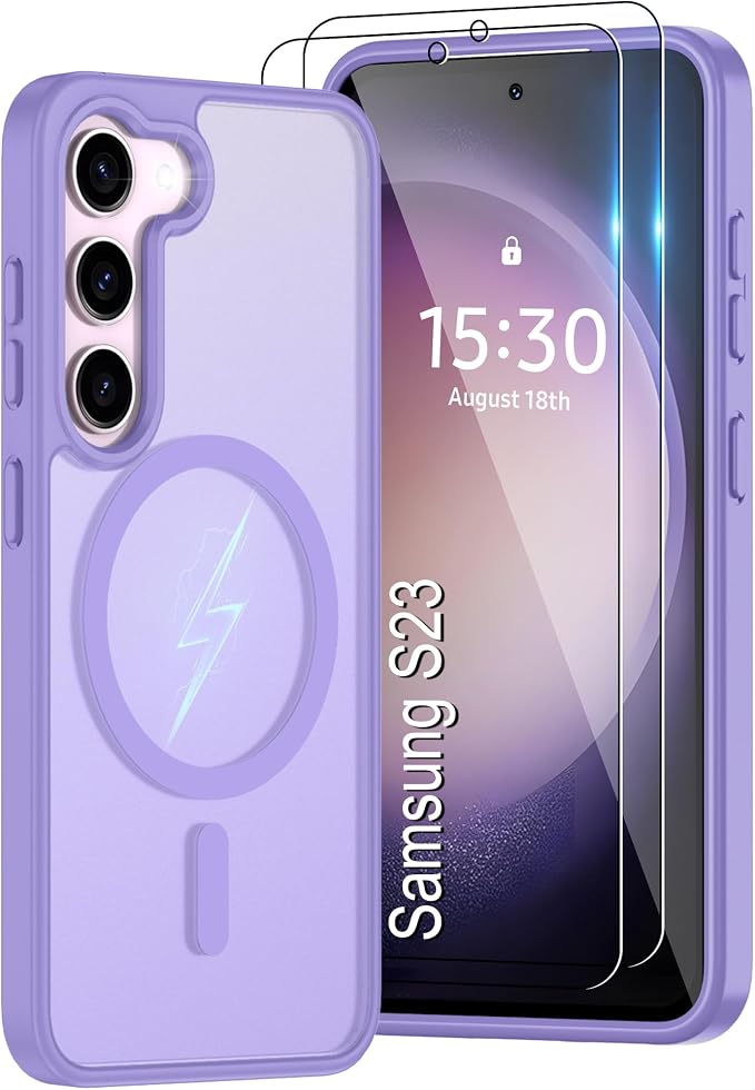Pilaru for Samsung Galaxy S23 Case [Compatible with Magsafe] Translucent Matte Magnetic Phone Case,Slim Thin Duty Shockproof Protection Cover with 2pc Screen Protector for S23-Light Purple