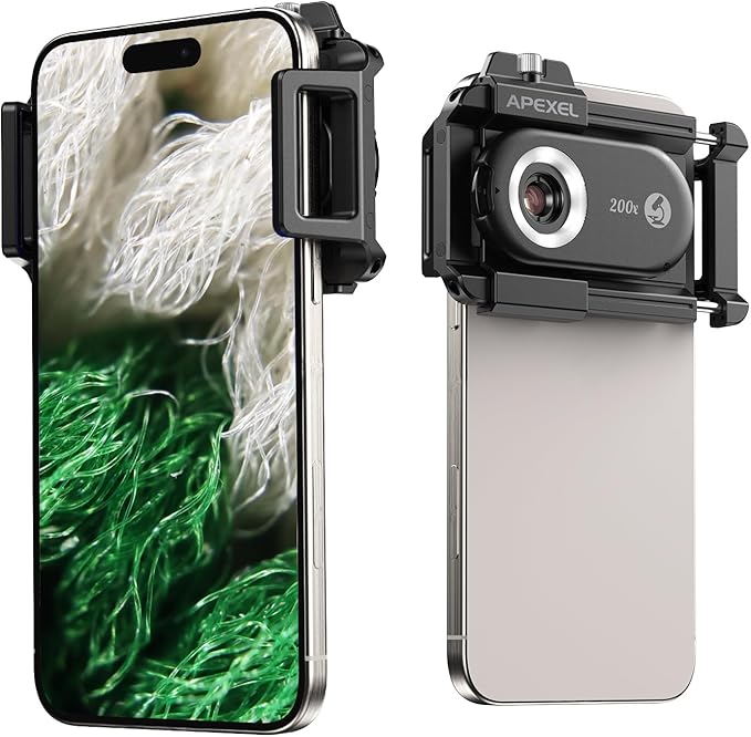 APEXEL Phone Microscope Lens, PhoneMicro 5 Series 200X Phone Micro Lens for Android/iPhone With LED Light/CPL/Universal Clip, Mini Pocket Microscope, Smartphone Camera Attachment for iPhone & Android.