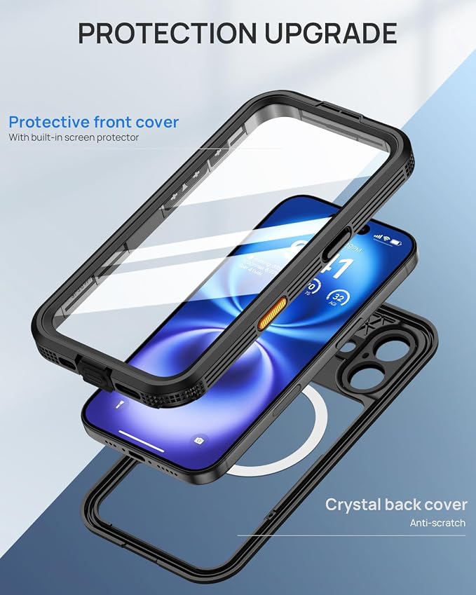 Lanhiem Magnetic for iPhone 16 Case, IP68 Waterproof Dustproof Case, [Compatible with Magsafe] [Built-in Screen Protector] Full Body Heavy Duty Rugged Phone Cover 6.1 inch, Black/Clear