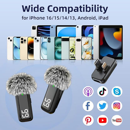 Mini Wireless Lavalier Lapel Microphone for iPhone Android Phone - Noise Canceling Clip on Microphone, 2 in 1 USB C & Lightning Lav Mic for Audio Recording Tiktok Instagram Voiceover