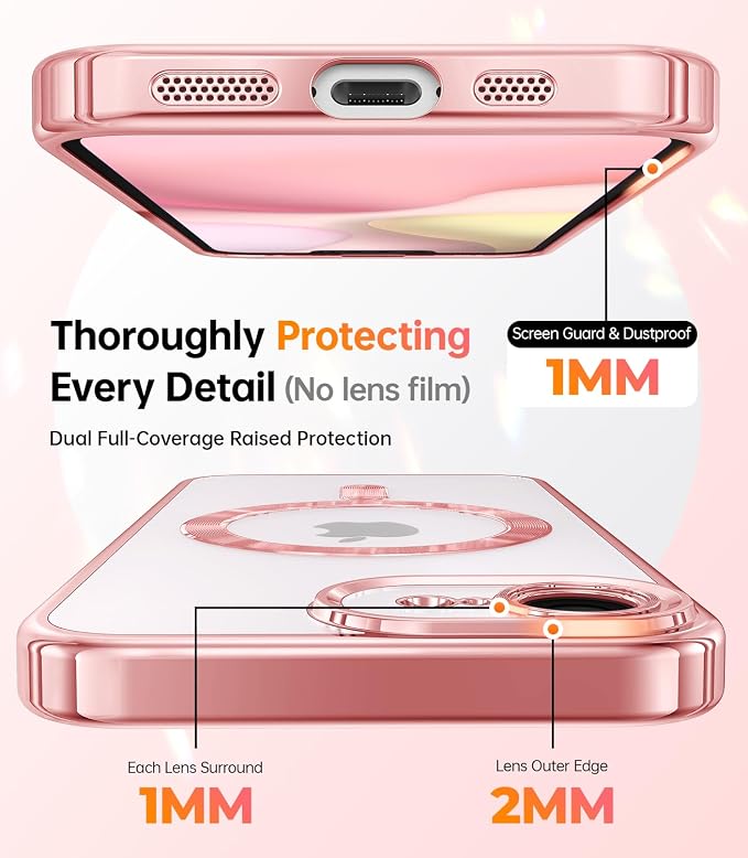 Meifgino Magnetic Case with Removable Phone Ring Stand for iPhone 16E 6.1’’, [Glitter Card & Wrist Strap] [MagSafe Compatible] [Built in Mirror] Phone Ring Stand + Phone Case Kit, Rose Gold