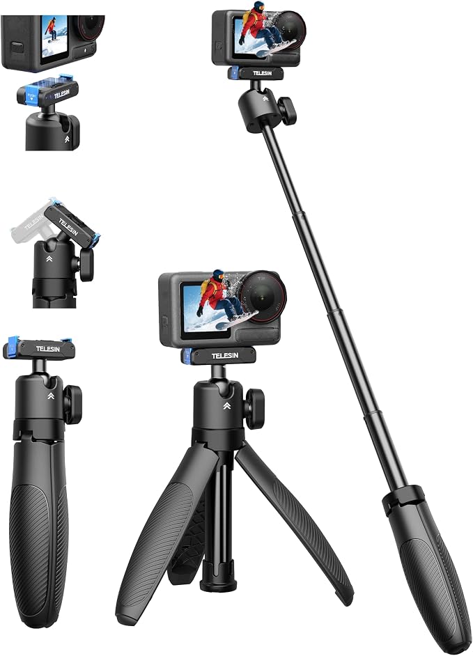 TELESIN 40cm/15.7'' Mini Selfie Stick Tripod, Magnetic Quick Release Selfie Sticks Handle Grip, Portable Vlog Monopod, 360° Adjustable Extended Pole for DJI Osmo Action 5 Pro/4/3 Camera Accessories