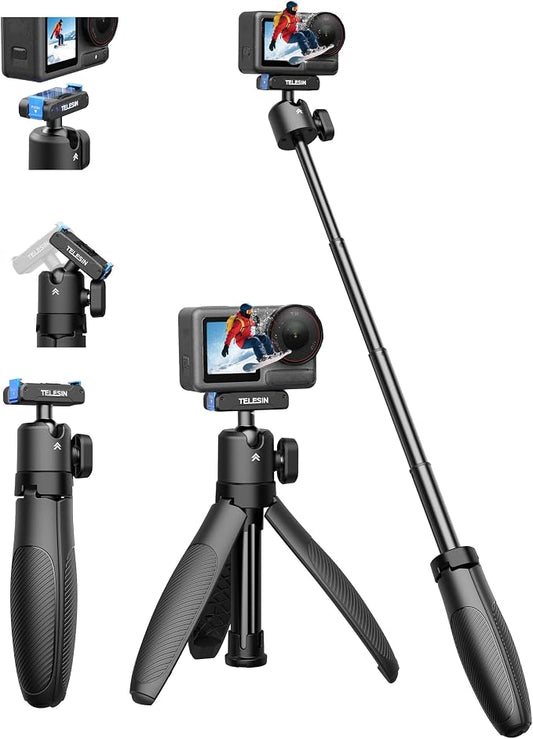 TELESIN 40cm/15.7'' Mini Selfie Stick Tripod, Magnetic Quick Release Selfie Sticks Handle Grip, Portable Vlog Monopod, 360° Adjustable Extended Pole for DJI Osmo Action 5 Pro/4/3 Camera Accessories