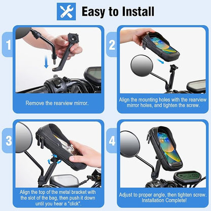 Waterproof Motorcycle Phone Mount 360° Rotation Motorcycle Rearview Mirror Phone Holder Anti-Shake Large Capacity Motorcycle Cell Phone Holder with Sun Visor and TPU Touch Screen