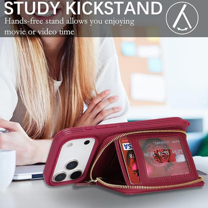Crossbody Wallet Case for iPhone 17 Pro, PU Leather Zipper Handbag Purse Flip Cover, Kickstand Folio Case with Card Slots Holder Wrist Strap Lanyard 5G 6.3 Inch-Dark red