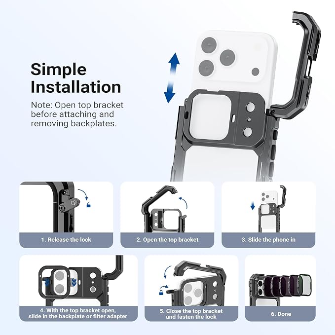 NEEWER ND Filter Set for PA143/PA144 Phone Cage Only, Neutral Density ND8/16/32/64 + Black Diffusion 1/4 + Magnetic Backplate, Filter Accessories Kit Compatible with iPhone 17 Pro/17 Pro Max, Black
