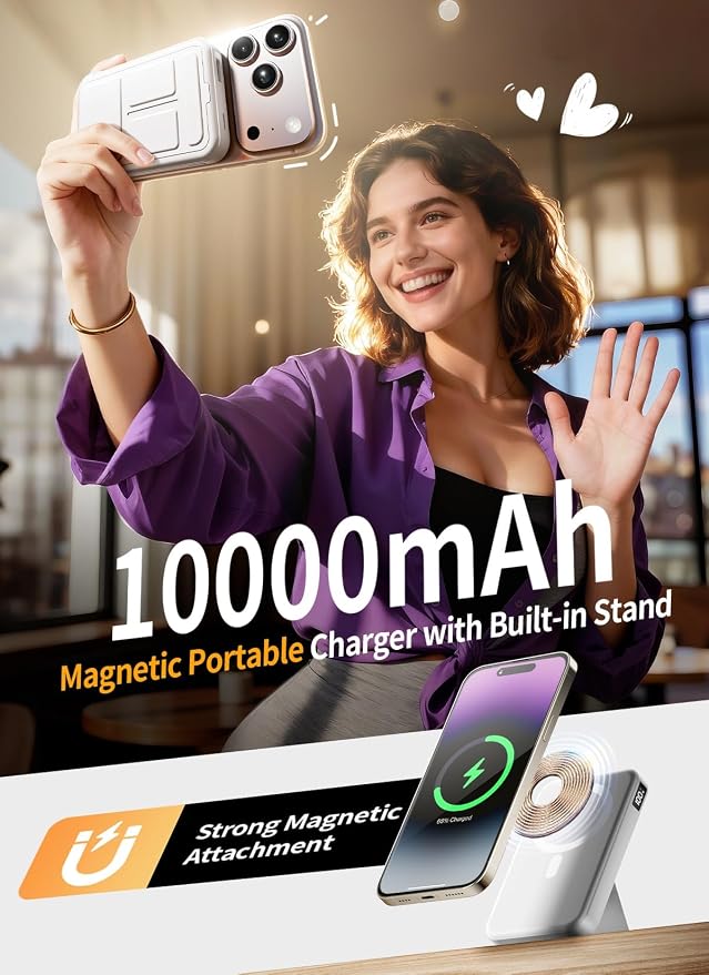 Magnetic Portable Charger, 10000mAh Power Bank with Leather Foldable Stand - Travel Essentials, USB-C 20W Fast Charging for Magsafe Battery Pack, Compatible with iPhone 17/16/15/14/13 Series