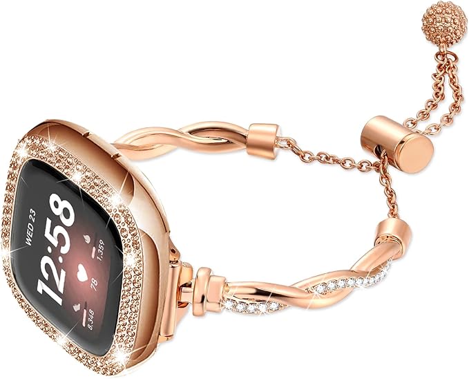 Bling Band Compatible with Fitbit Versa 4/Sense, Fitbit Versa 3/ Sense 2, Double Twist Metal Bangle Bracelet with Rhinestones for (Fitbit Versa 4/Sense 2, Rose Gold)