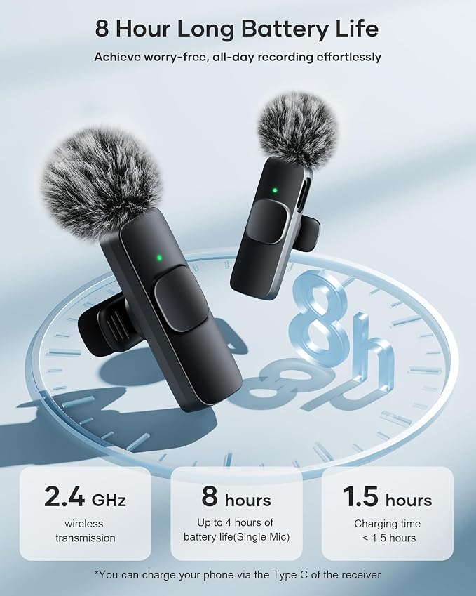 3-in-1 Wireless Lavalier Microphone for iPhone, iPad, Android, Camera - Noise-Canceling Mini Mic with 2.4G Ultra-Low Latency for Vlog, TikTok & YouTube Streaming (2 Mics)