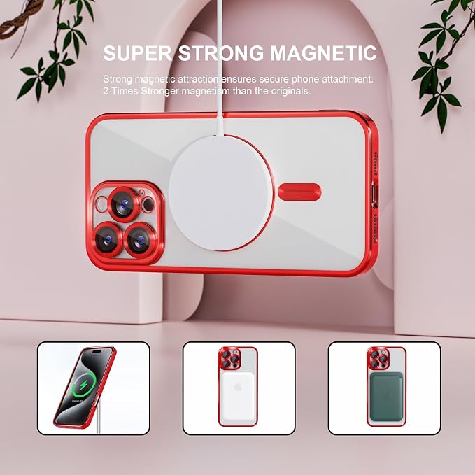 Misea Magnetic for iPhone 16 Pro Max Case Compatible with MagSafe [Never Yellowing] [Military Grade Drop Protection] Full Camera Lens Protector Plating Soft Clear Phone Case for Women 6.9", Red