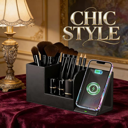LADSTAG Makeup Brush Holder Organizer, Leather Makeup Brush Cup with Phone Charging Stand for Cosmetics, Nail Polish, Lipstick & Art Supplies – Vanity Desktop Bathroom Organizer