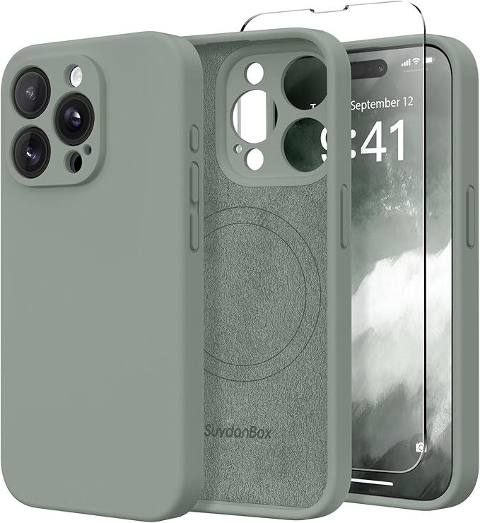 Magnetic for iPhone 14 Pro Max Case, Compatible with MagSafe, [Full Camera Protection][Screen Protector] Silicone Shockproof Protective Phone Case for iPhone 14 Pro Max 6.7", Calke Green