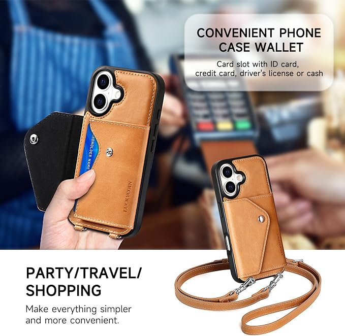 LUCKYCOIN for iPhone 17 Crossbody Wallet Case – Genuine Leather Phone Purse with Adjustable Strap and Card Holder,Lanyard Phone Purse Case for Women,Vintage Tan