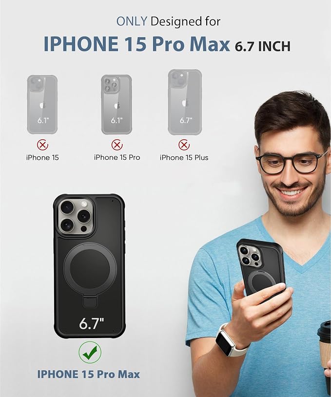 for iPhone 15 Pro Max Case, Built-in Magnetic & Seamless Stand, [Compatible with Magsafe] Protective Shockproof Phone Case, Scratch-Resistant Matte Back Slim Cover for 6.7 Inch - Black