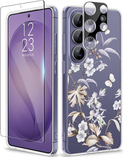 GVIEWIN Compatible with Samsung Galaxy S26 Ultra Case, Clear Floral Slim Shockproof Protective Women Phone Case, Non-Yellowing, with Screen Protector & Camera Lens Protector 6.9", Corals/Lilac