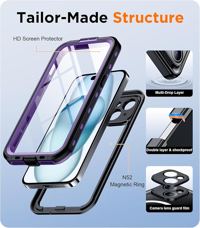 Temdan Magnetic for iPhone 15 Case Waterproof,Built-in Screen Protector[IP68 Underwater][Upgrade Military Dropproof][Compatible with MagSafe] Full Body Shockproof Translucent Case 6.1''-Purple