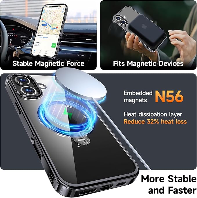[Tri-Shield Protection] for iPhone 16 Plus Case with 360° Spin Stand Compatible with MagSafe [Magnetic CD Ring] [Screen & Camera Lens Protector] Shockproof Plating Never-Yellowing, Black-6.7"