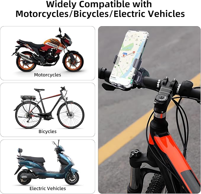 Motorcycle Phone Mount,Bike Phone Holder, Bicycle Handlebar Cell Phone Mount Smartphone Holder Mount 360° Adjustable One Hand Operation, Bike Accessories Handlebar Phone Clip Holder, 94001