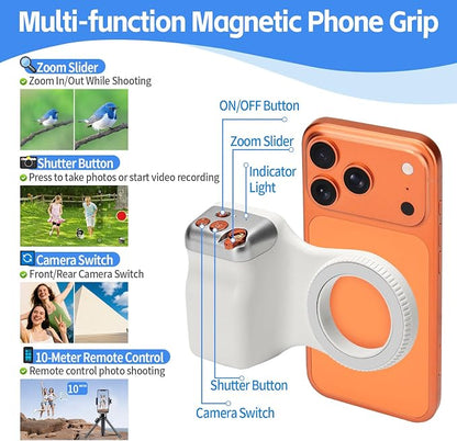 Magnetic Phone Camera Grip,Smartphone Shooting Holder, Selfie Handle Fun Shot Magnetic Grip for iPhone & Android with Wireless Shutter Button, Creator Kit for TikTok/Selfies/Photography/Video
