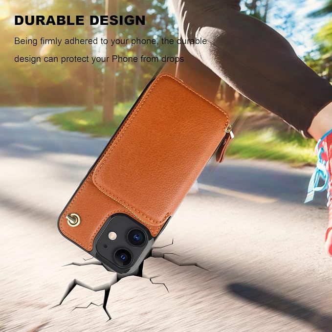 Bocasal Crossbody Wallet Case for iPhone 12/12 Pro, RFID Blocking Leather Purse Case with Card Holder, Protective Handbag Flip Cover with Zipper Wrist Strap Lanyard for Women 5G 6.1 Inch (Brown)