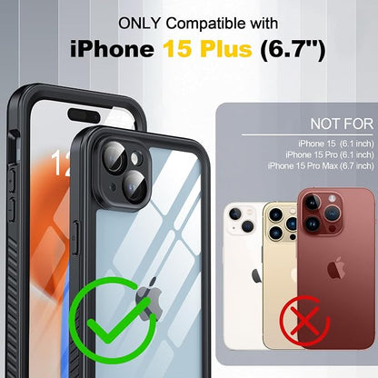 for iPhone 15 Plus Case Waterproof - Built-in Privacy Screen Protector & HD Screen Protector [IP68 Underwater] Shockproof Dustproof Full Body Protection iPhone 15 Plus Phone Case Black
