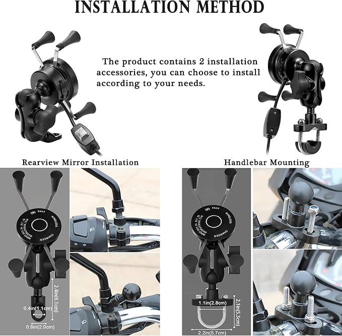 15W Fast Charging Adapter, Wireless Qi Motorcycle Phone Holder with 4 Jaw Mechanical Locking, 360° Rotating Aluminum Alloy, Compatible with 3-7 inch Smartphones